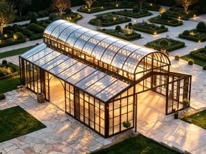 Twilight exterior view of illuminated arched glass conservatory | luxury garden pavilion evening setting